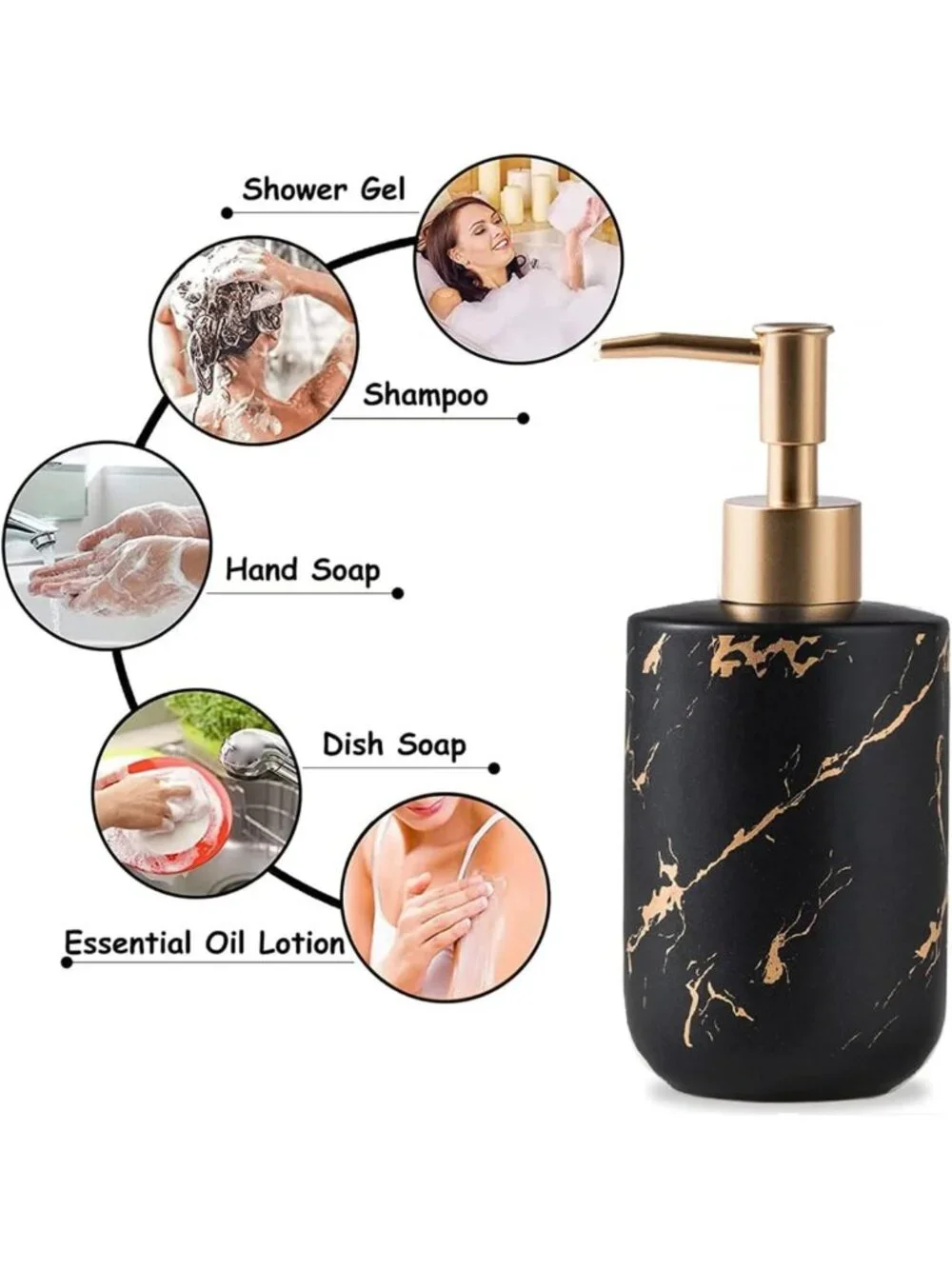 Luxurious Black and Gold Soap Dispenser, 300ml Ceramic Pump Bottle for Kitchen